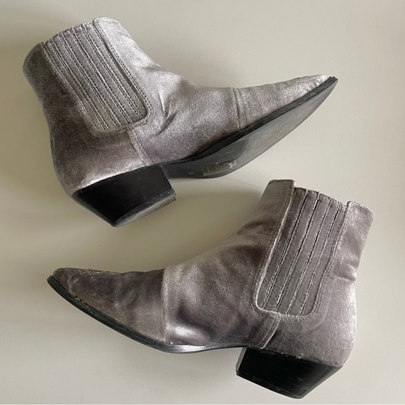 Topshop Women's Gray Velvet Cowboy Boots Embroidered Silver Insects 35 5 - Picture 9 of 12